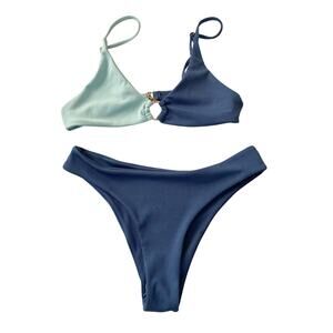 Zaful Women's Bikini Size S Blue Color Block Ribbed Gold Ring NWOT